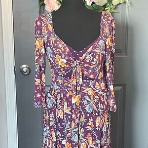Anthropologie Purple Floral Knit Midi Sleeve Dress Large